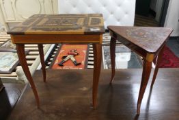 An Italian style musical sewing table with contents together with one other occasional table