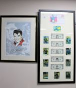 A framed Elvis Presley card, banknote,