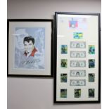 A framed Elvis Presley card, banknote,