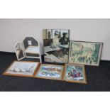 A triple dressing table mirror together with a framed marvel print,