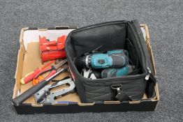 Three Makita drills, hydraulic bottle jack,