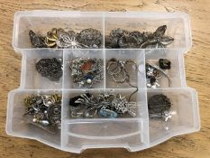 A box of assorted silver jewellery and other items