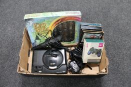 A box of Sega Mega Drive with leads and accessories, Lord of the Rings chess set,