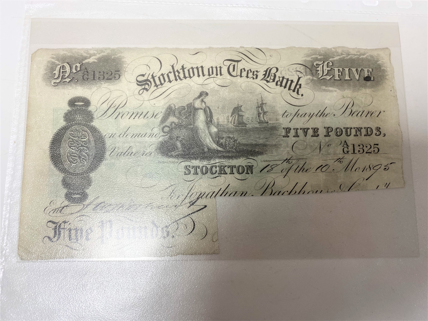 A five pound note issued by Stockton on Tees Bank, No.