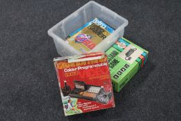 Two boxed Grandstand TV computer games and a box of retro Gamer magazines