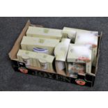 A box of Ringtons china : 100 year celebration caddies, teapots,