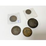 A 1797 Cartwheel penny together with four further antique copper coins.