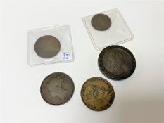 A 1797 Cartwheel penny together with four further antique copper coins.