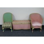 A pink loom basket chair and blanket box together with a further green loom basket chair