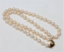 A continental cultured pearl necklace on 14ct gold ball clasp, length 45cm.