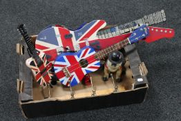 A box of Tiger ukulele, Union Jack guitar mosaic mirror and clock,