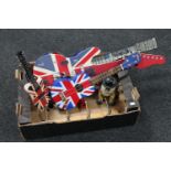 A box of Tiger ukulele, Union Jack guitar mosaic mirror and clock,