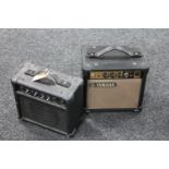 A Yamaha GA-10 mini guitar amplifier and a Kinsman 10 watt guitar amplifier