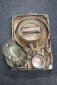 A box of antique copper pans and bowls, two brass wall plaques,