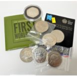Eight £5 coins including 2007 Alderney hexagonal coin, Centenary of the First World War,