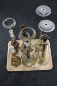 A tray of six continental brass table lamps