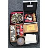A tray of assorted costume jewellery, boxed dominoes and chess set, silver plated pieces,