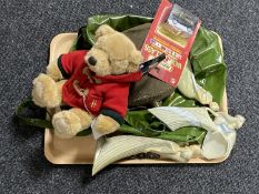 A tray of Harrods teddy bear in Harrods bag, die cast car, Art Deco style figures, postcard,