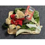 A tray of Harrods teddy bear in Harrods bag, die cast car, Art Deco style figures, postcard,
