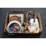 A box of religious figures, wall plates,