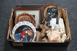 A box of religious figures, wall plates,