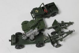 Four mid 20th century Lonestar and Dinky die cast vehicles including jeep with trailer and gun,