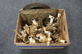 A box of antique brass wall lights,