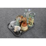 A tray of antique glass bottle, plated teapot, whiskey decanter,