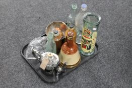 A tray of antique glass bottle, plated teapot, whiskey decanter,
