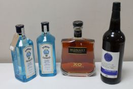Four bottles of alcohol : two Bombay Sapphire gins 70cl,