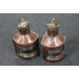 A pair of antique copper and brass ships lamps,