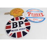 Three cast iron signs : BP,