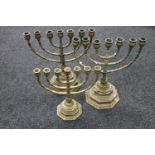 Three continental brass Menorah