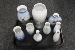 A tray of nine Bing & Grondahl vases