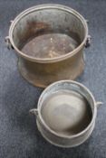 Two antique copper twin handled cooking pots