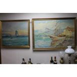 Two continental school gilt framed oils on canvas depicting sailing ships