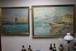 Two continental school gilt framed oils on canvas depicting sailing ships