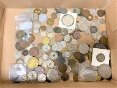 A collection of antique and later coins to include two early tokens, 1937 USA 5 cents, Dimes,