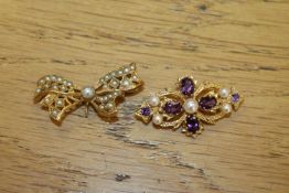 Two gold brooches set with amethysts and seed pearls