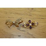 Two gold brooches set with amethysts and seed pearls