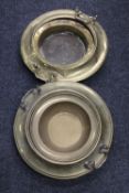 Two antique brass twin handled food warmers with lift out bowls