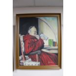 A mid 20th century oil on canvas depicting a monk in a chair,