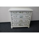 An antique pine hand painted chest on bun feet