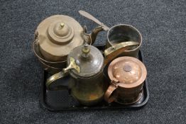 Four items of antique copper and brass ware : coffee pot,