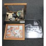 A box of Bakelite telephone, plated gallery tray, shaving mirror.