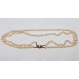 A continental two-stand cultured pearl necklace on 14ct gold pearl set clasp, length 43cm.