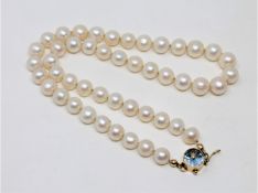 A continental cultured pearl necklace on 14ct gold and blue paste clasp, length 40cm.