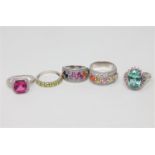 Five silver dress rings set with gemstones