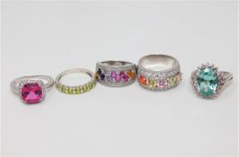 Five silver dress rings set with gemstones