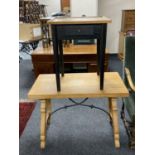 A blond oak refectory coffee table together with a pine painted side table fitted with a drawer